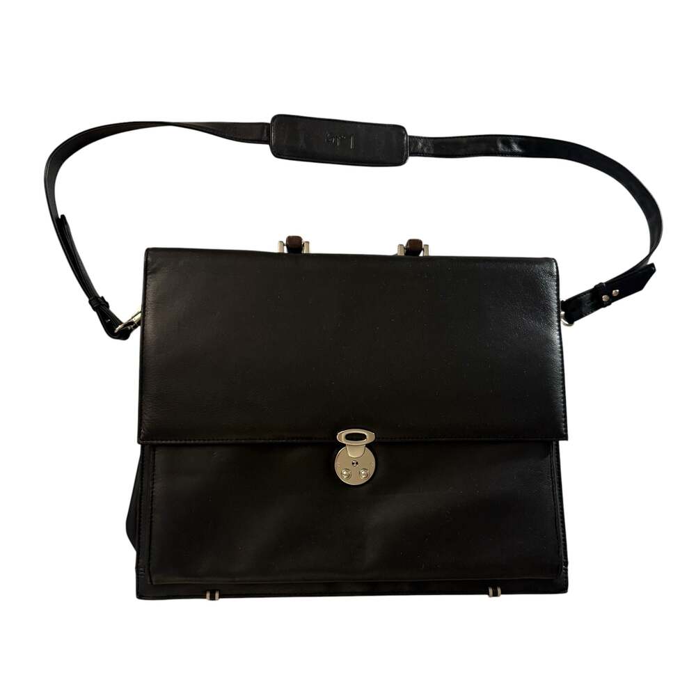 Lodis Vintage Black Leather Briefcase with Wood Handle
